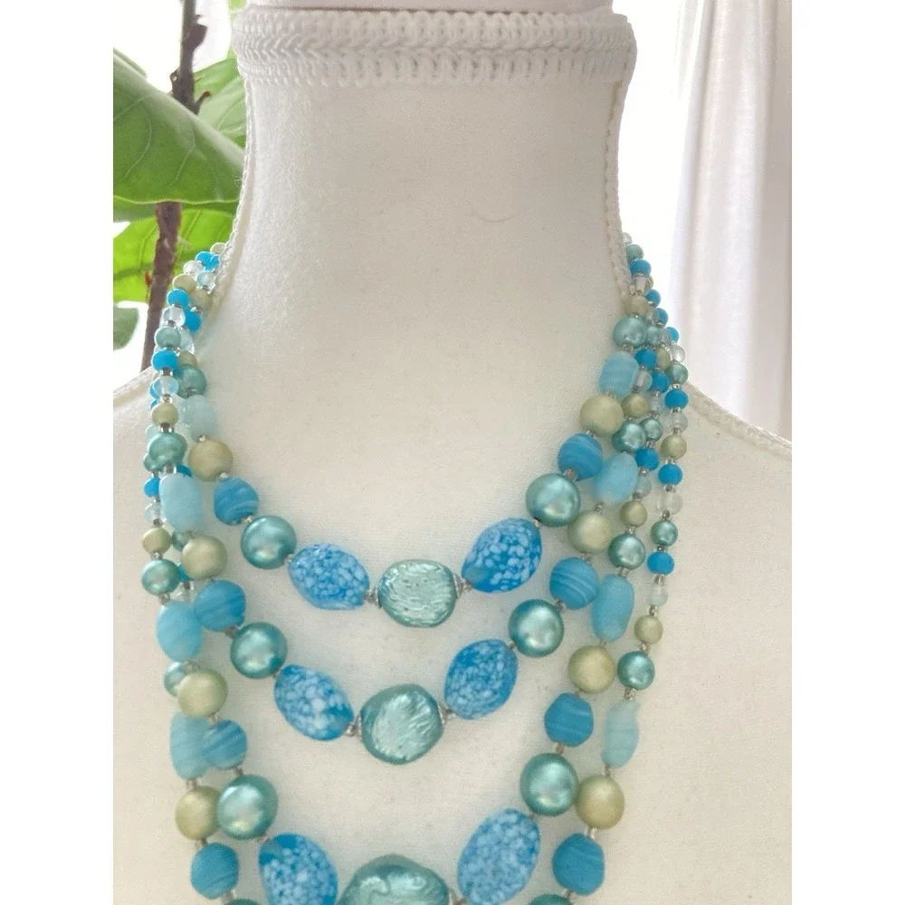 Vintage Aqua Blue Multi Strand Beaded Statement Necklace Art Glass Faux Pearl